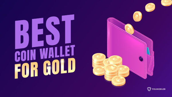 a photo of a coin wallet with light purple background and crypto coins coming out of the wallet
